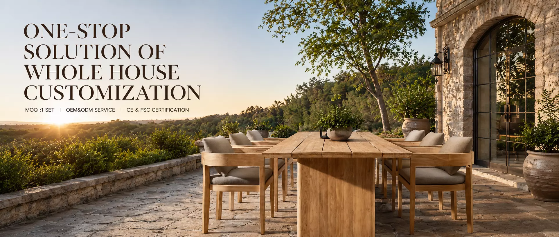 Luxury teak outdoor dining set on a stone patio for whole house custom furniture solutions with OEM and ODM service